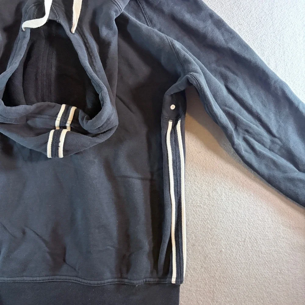 Nike Mens Black White Stripe Pullover Hoodie Swoosh Logo Size L Large